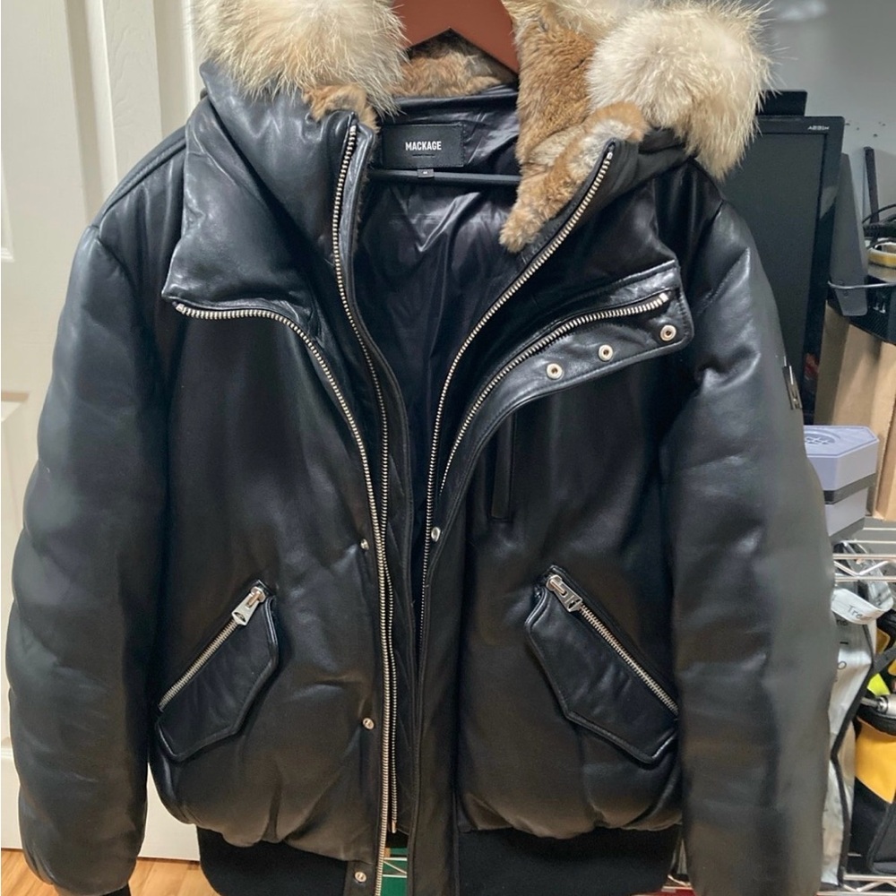 Mackage Men's Black Leather Puffer Jacket with Fur-Trim Hood